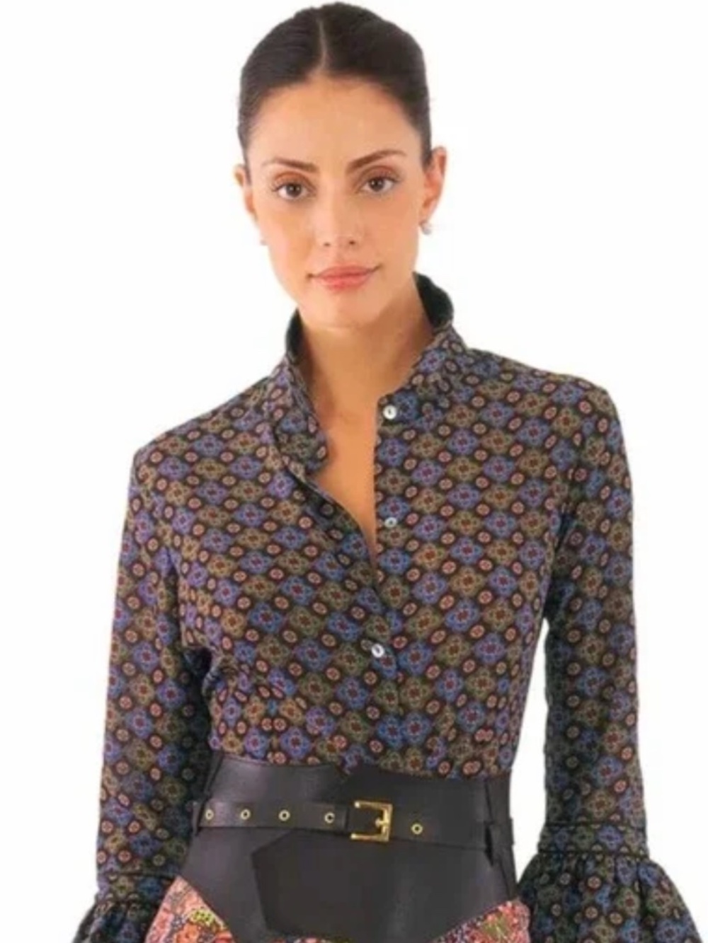 Gretchen Scott Brown Geometric Design Puff Cuff Button Up Blouse Size XS